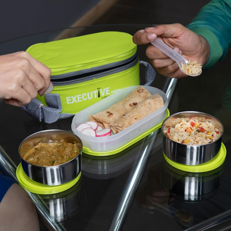 MILTON Executive Lunch Box, 2 Round Inner Steel Round Containers 280ml Each and 1 Microwave Safe Oval Plastic Container, 450ml with Insulated Bag, Office Tiffin for Leak-Proof, Easy to Carry, Green MILTON Executive Lunch Box, 2 Round Inner Steel Round Containers 280ml Each and 1 Microwave Safe Oval Plastic Container, 450ml with Insulated Bag, Office Tiffin for Leak-Proof, Easy to Carry, Green