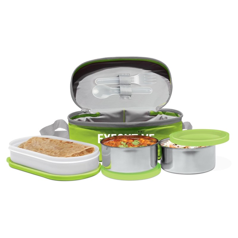 MILTON Executive Lunch Box, 2 Round Inner Steel Round Containers 280ml Each and 1 Microwave Safe Oval Plastic Container, 450ml with Insulated Bag, Office Tiffin for Leak-Proof, Easy to Carry, Green MILTON Executive Lunch Box, 2 Round Inner Steel Round Containers 280ml Each and 1 Microwave Safe Oval Plastic Container, 450ml with Insulated Bag, Office Tiffin for Leak-Proof, Easy to Carry, Green