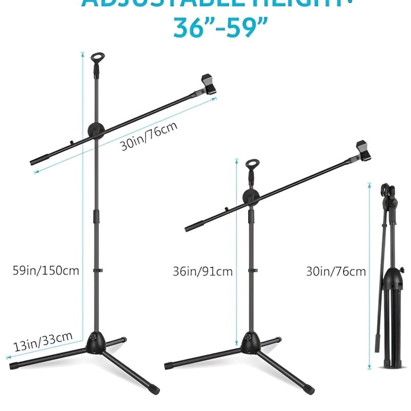 Powerpak MS-1001 3 Leg Boom Dual Microphone Stand with Dual Mic Clip Holders | for Studio Recording, Speech, Stage,Outdoor Activities (Black)
