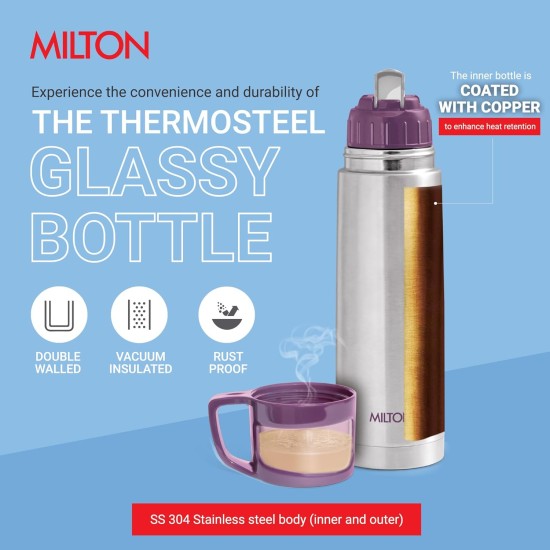 Milton Glassy 1000 Thermosteel 24 Hours Hot and Cold Water Bottle with Drinking Cup Lid, 1 Litre, Purple