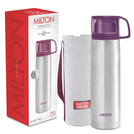 Milton Glassy 1000 Thermosteel 24 Hours Hot and Cold Water Bottle with Drinking Cup Lid, 1 Litre, Purple