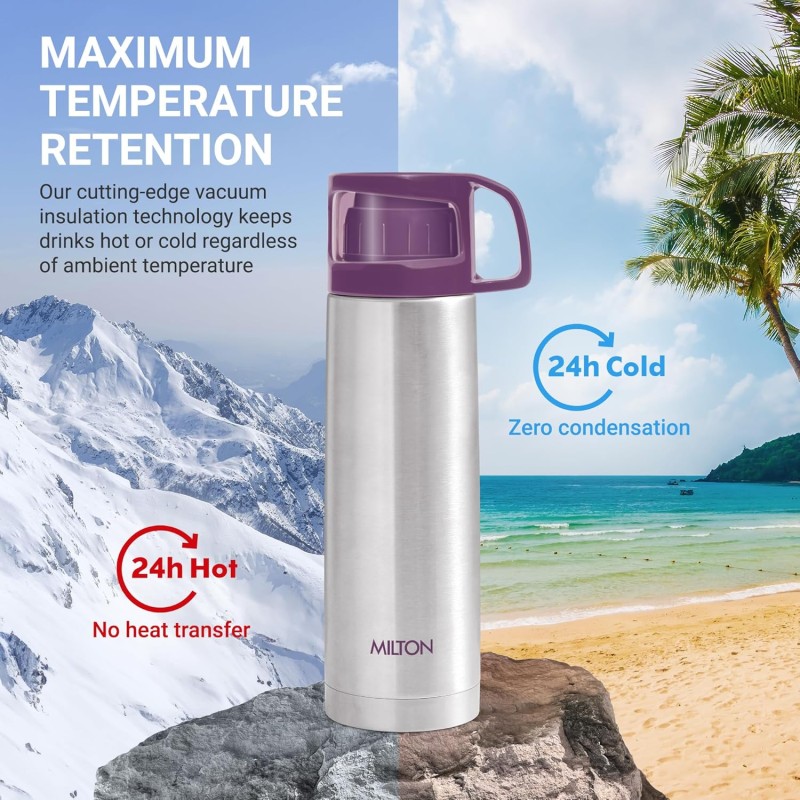 Milton Glassy 1000 Thermosteel 24 Hours Hot and Cold Water Bottle with Drinking Cup Lid, 1 Litre, Purple Milton Glassy 1000 Thermosteel 24 Hours Hot and Cold Water Bottle with Drinking Cup Lid, 1 Litre, Purple
