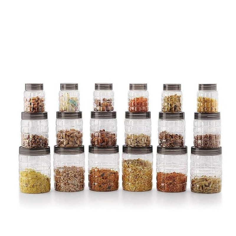 CELLO Checkers Pet Plastic Airtight Canister Set | Food grade and BPA free canisters | Air tight seal & Stackable Transparent | 300ml x 6, 650ml x 6, 1200 x 6, Set of 18