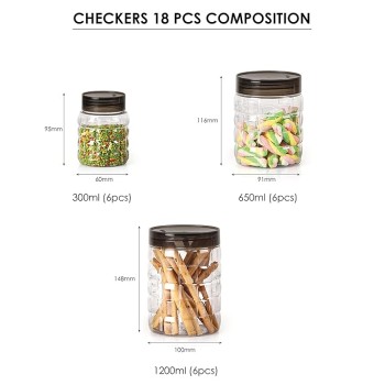CELLO Checkers Pet Plastic Airtight Canister Set | Food grade and BPA free canisters | Air tight seal & Stackable Transparent | 300ml x 6, 650ml x 6, 1200 x 6, Set of 18 CELLO Checkers Pet Plastic Airtight Canister Set | Food grade and BPA free canisters | Air tight seal & Stackable Transparent | 300ml x 6, 650ml x 6, 1200 x 6, Set of 18