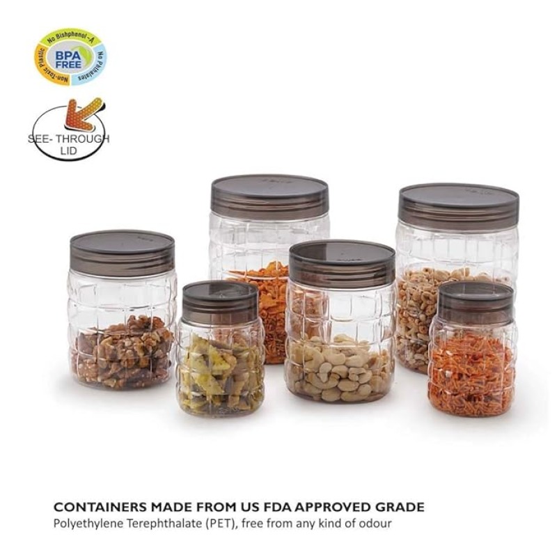 CELLO Checkers Pet Plastic Airtight Canister Set | Food grade and BPA free canisters | Air tight seal & Stackable Transparent | 300ml x 6, 650ml x 6, 1200 x 6, Set of 18