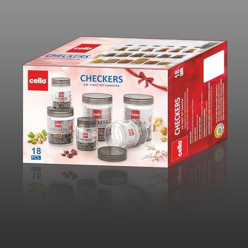 CELLO Checkers Pet Plastic Airtight Canister Set | Food grade and BPA free canisters | Air tight seal & Stackable Transparent | 300ml x 6, 650ml x 6, 1200 x 6, Set of 18