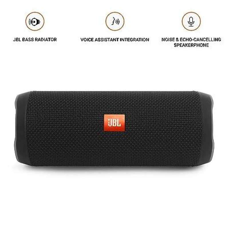JBL Flip 4, Wireless Portable Bluetooth Speaker with Mic, Signature Sound with Bass Radiator, Vibrant Colors with Rugged Fabric Design, Connect+, IPX7 Waterproof & AUX (Black) JBL Flip 4, Wireless Portable Bluetooth Speaker with Mic, Signature Sound with Bass Radiator, Vibrant Colors with Rugged Fabric Design, Connect+, IPX7 Waterproof & AUX (Black)