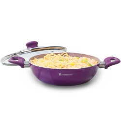 Wonderchef Royal Velvet Non-Stick 24cm Kadhai with Lid and Handles | Glass Lid | Induction Ready | Soft-Touch Handles |Non – Toxic I Virgin Aluminium| 3 mm Thick | 2 Year Warranty | Purple