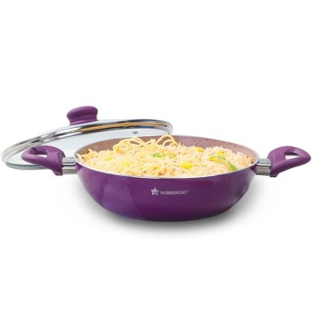 Wonderchef Royal Velvet Non-Stick 24cm Kadhai with Lid and Handles | Glass Lid | Induction Ready | Soft-Touch Handles |Non � Toxic I Virgin Aluminium| 3 mm Thick | 2 Year Warranty | Purple