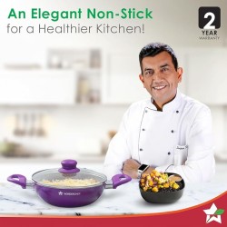Wonderchef Royal Velvet Non-Stick 24cm Kadhai with Lid and Handles | Glass Lid | Induction Ready | Soft-Touch Handles |Non – Toxic I Virgin Aluminium| 3 mm Thick | 2 Year Warranty | Purple