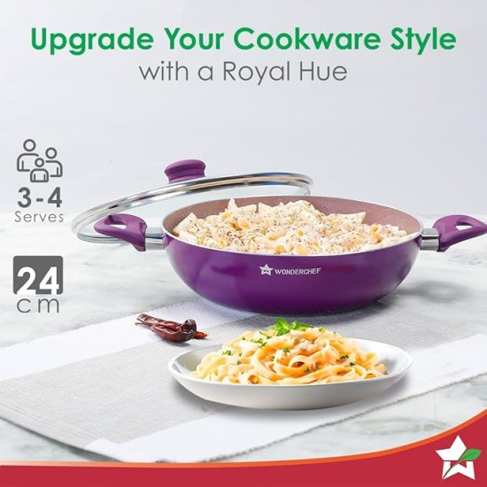 Wonderchef Royal Velvet Non-Stick 24cm Kadhai with Lid and Handles | Glass Lid | Induction Ready | Soft-Touch Handles |Non – Toxic I Virgin Aluminium| 3 mm Thick | 2 Year Warranty | Purple