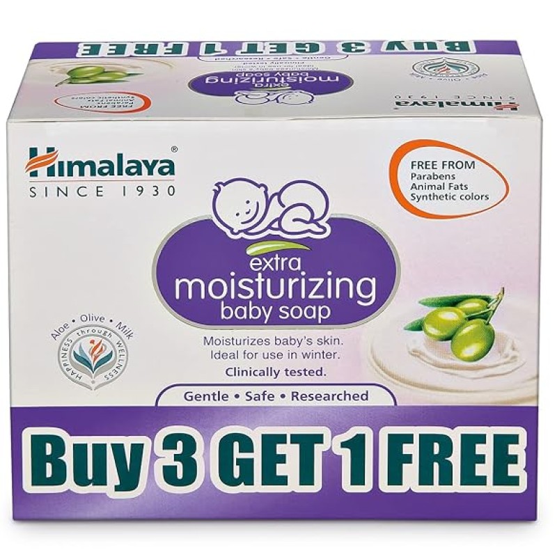 Himalaya Extra Moisturizing Baby Soap buy 3 GET 1FREE (3 N*75+1N 75g Free) No 1 Doctor Prescribed Brand | Aloe, Olive, Milk| Cleanses & Moisturizes Baby's Skin