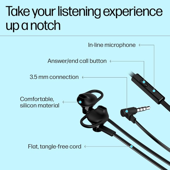 HP 150 Black Wired Headphones On Ear Headset with in-Line Microphone/Taggle-Free with Long & Flat Cord/1 Year RTB Warranty, X7B04AA (Black)