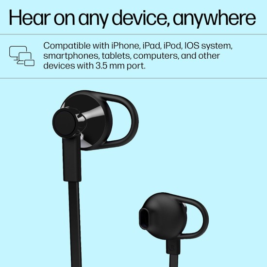 HP 150 Black Wired Headphones On Ear Headset with in-Line Microphone/Taggle-Free with Long & Flat Cord/1 Year RTB Warranty, X7B04AA (Black)