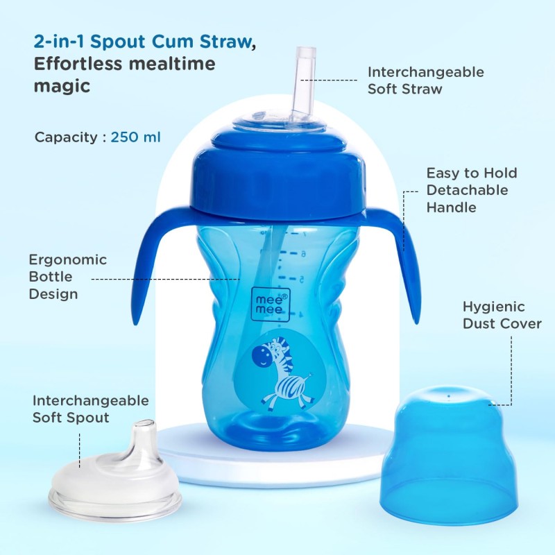 Mee Mee 2 in 1 Spout and Straw Sipper Cup for Meal | BPA-Free, Anti Spill and Unbreakable | Easy to Hold Detachable Handle | Anti Leak Lock Bottle with Cap for Kids | 210ml (Blue)