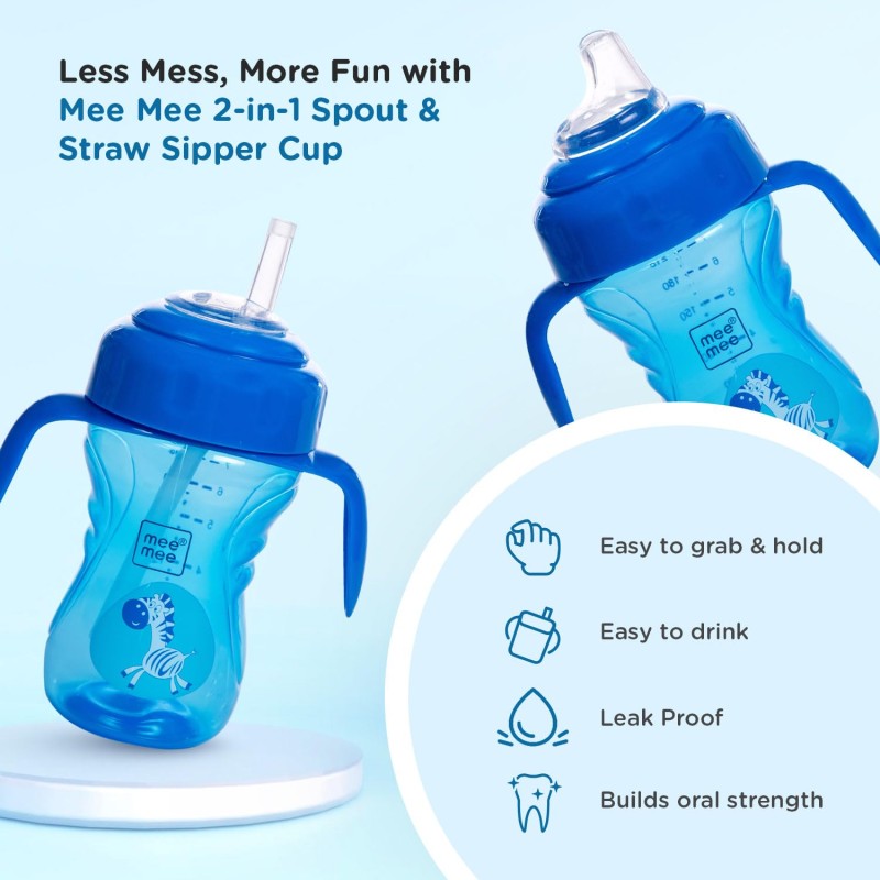 Mee Mee 2 in 1 Spout and Straw Sipper Cup for Meal | BPA-Free, Anti Spill and Unbreakable | Easy to Hold Detachable Handle | Anti Leak Lock Bottle with Cap for Kids | 210ml (Blue)