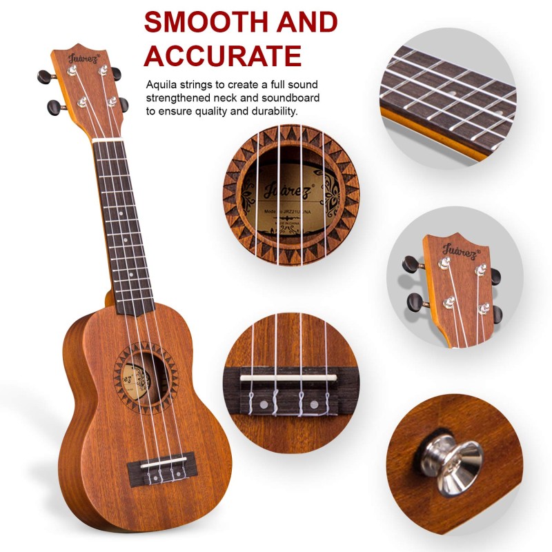 Juarez JRZ21UK 21" Soprano Ukulele Kit, AQUILA Strings, Sapele Body, Rosewood Fingerboard, Matte Finish, with Bag and Picks, Natural Juarez JRZ21UK 21" Soprano Ukulele Kit, AQUILA Strings, Sapele Body, Rosewood Fingerboard, Matte Finish, with Bag and Picks, Natural