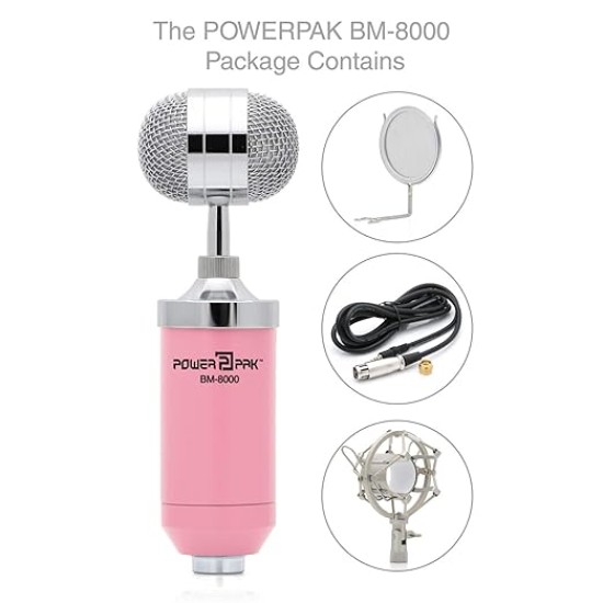Powerpak BM 8000 Pink Condenser Sound Studio Recording Broadcasting Microphone+Pop Filter+Shock Mount (Requires Phantom Power or Sound Card)