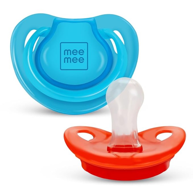 Mee Mee Baby Pacifier Ultra Light Soft Silicone Nipple| BPA Free | Oral stimulatory | Teether | Pack of 2 | 0-6 months + Kids (Blue/Red) Mee Mee Baby Pacifier Ultra Light Soft Silicone Nipple| BPA Free | Oral stimulatory | Teether | Pack of 2 | 0-6 months + Kids (Blue/Red)
