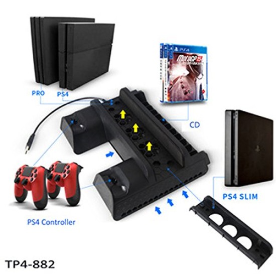 New World Playstation 4 PS4 PS4SLIM PS4 PRO Multifunctional Console Vertical stand with cooling fan and charging dock and disc stand(Stand Only Console,controller not included)