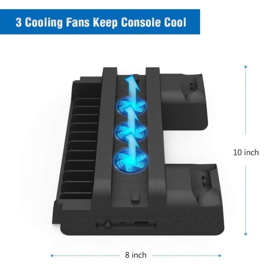 New World Playstation 4 PS4 PS4SLIM PS4 PRO Multifunctional Console Vertical stand with cooling fan and charging dock and disc stand(Stand Only Console,controller not included)