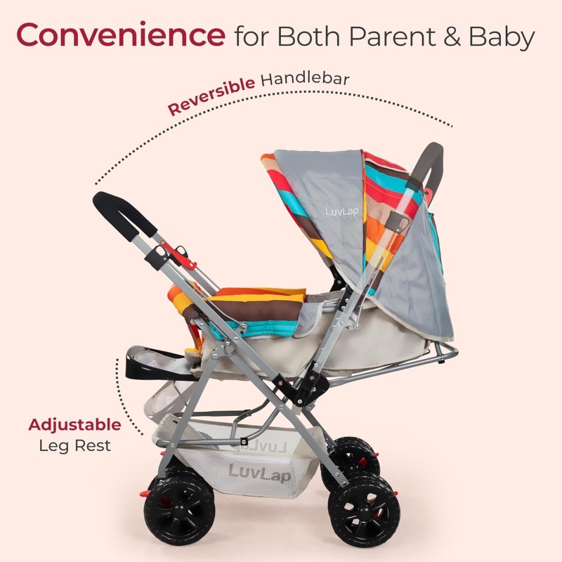 LuvLap Sunshine Baby Stroller/Pram for 0 to 3 Years, New Born/Toddler/Kid, 5 Point Safety Harness, Adjustable backrest, 360� Swivel Wheel, Large Storage Basket, Reversible Handlebar (Stripes) LuvLap Sunshine Baby Stroller/Pram for 0 to 3 Years, New Born/Toddler/Kid, 5 Point Safety Harness, Adjustable backrest, 360� Swivel Wheel, Large Storage Basket, Reversible Handlebar (Stripes)