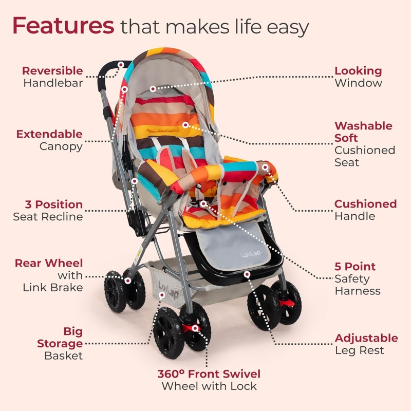 LuvLap Sunshine Baby Stroller/Pram for 0 to 3 Years, New Born/Toddler/Kid, 5 Point Safety Harness, Adjustable backrest, 360� Swivel Wheel, Large Storage Basket, Reversible Handlebar (Stripes) LuvLap Sunshine Baby Stroller/Pram for 0 to 3 Years, New Born/Toddler/Kid, 5 Point Safety Harness, Adjustable backrest, 360� Swivel Wheel, Large Storage Basket, Reversible Handlebar (Stripes)