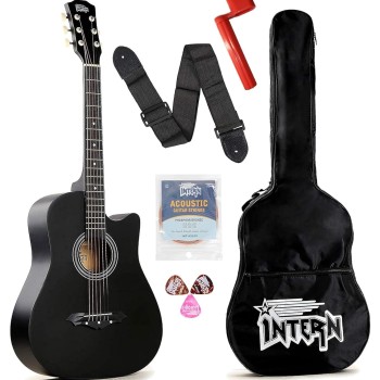 Intern INT-38C-SB Right hand Acoustic Guitar Kit, With Bag, Strings, Pick, Strap and String Winder (38C, BLACK)