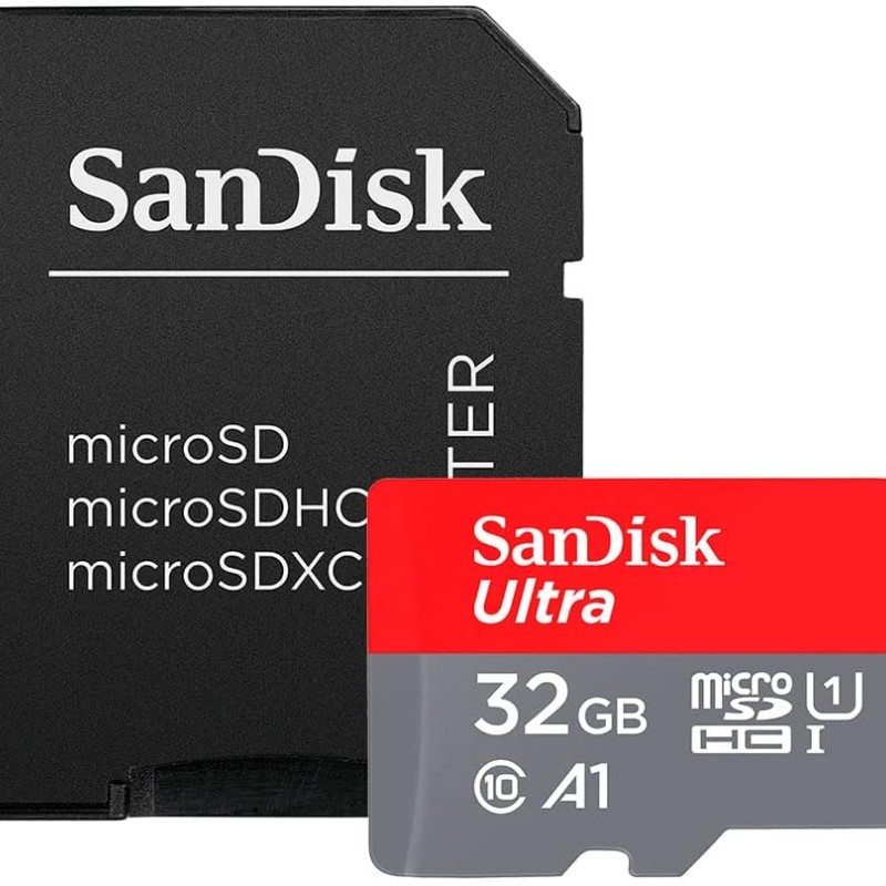SanDisk 32GB Ultra microSDHC UHS-I Memory Card with Adapter - 98MB/s, C10, U1, Full HD, A1, Micro SD Card - SDSQUAR-032G-GN6MA SanDisk 32GB Ultra microSDHC UHS-I Memory Card with Adapter - 98MB/s, C10, U1, Full HD, A1, Micro SD Card - SDSQUAR-032G-GN6MA