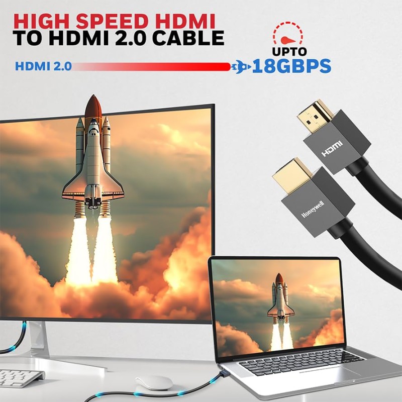 (Refurbished) Honeywell HDMI Cable v2.0 with Ethernet, 3D/4K@60Hz Ultra HD Resolution, 2 Mtr, 18 GBPS Transmission Speed, High-Speed, Compatible with all HDMI Devices Laptop Desktop TV Set-top Box Gaming Console