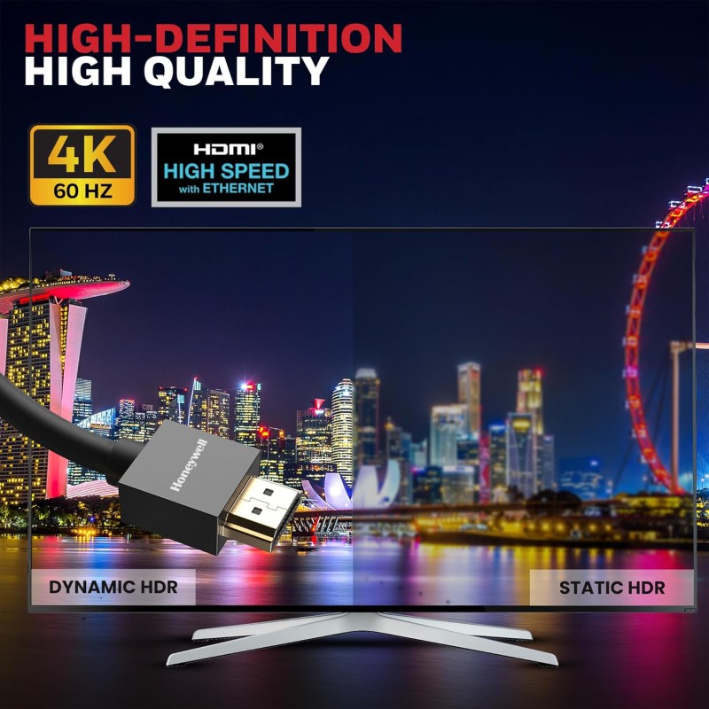 (Refurbished) Honeywell HDMI Cable v2.0 with Ethernet, 3D/4K@60Hz Ultra HD Resolution, 2 Mtr, 18 GBPS Transmission Speed, High-Speed, Compatible with all HDMI Devices Laptop Desktop TV Set-top Box Gaming Console