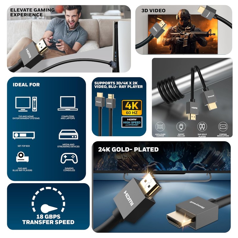 (Refurbished) Honeywell HDMI Cable v2.0 with Ethernet, 3D/4K@60Hz Ultra HD Resolution, 2 Mtr, 18 GBPS Transmission Speed, High-Speed, Compatible with all HDMI Devices Laptop Desktop TV Set-top Box Gaming Console