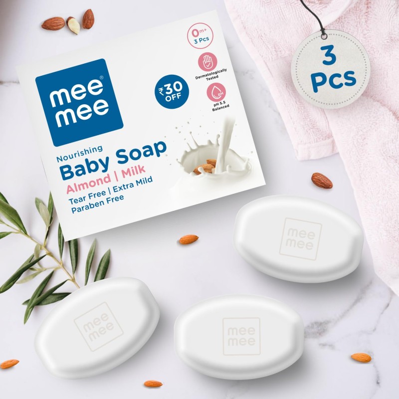 Mee Mee Gentle Baby Soap 75g (Pack of 3) | Gentle Bathing Bar Infused with Chamomile, Olive, Almond Oil, and Milk Extracts | Dermatologist Tested for Soft Baby Skin | Tear-Free Formula | Paraben Free