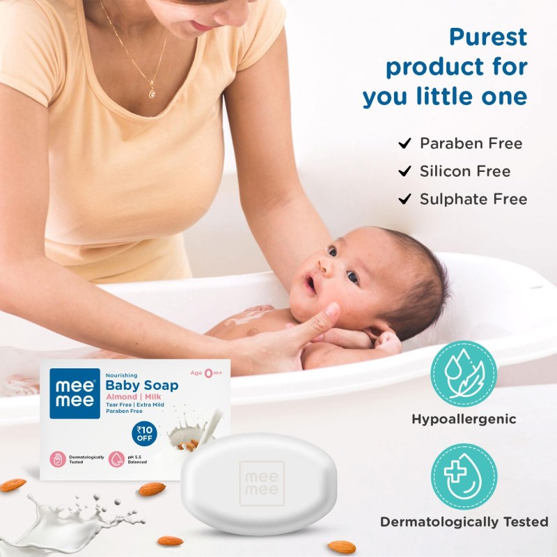 Mee Mee Gentle Baby Soap 75g (Pack of 3) | Gentle Bathing Bar Infused with Chamomile, Olive, Almond Oil, and Milk Extracts | Dermatologist Tested for Soft Baby Skin | Tear-Free Formula | Paraben Free