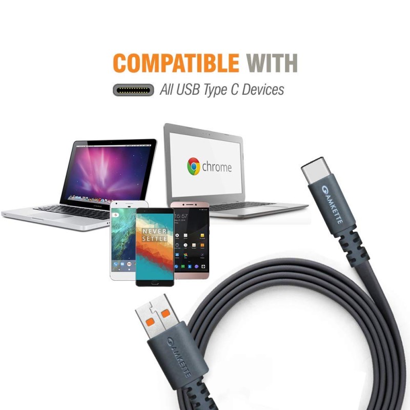 Amkette Charge Pro Type C Extra Tough Flat Fast Charging Cable for Smartphone, Charging Adapter - 4.92 Feet (1.5 Meters - Space Grey) Amkette Charge Pro Type C Extra Tough Flat Fast Charging Cable for Smartphone, Charging Adapter - 4.92 Feet (1.5 Meters - Space Grey)