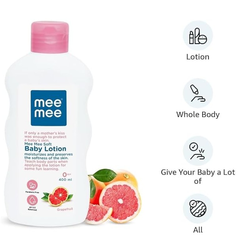 Mee Mee Moisturizing Baby Lotion 400ml for Face & Body | Chamomile & Grapefruit Extracts | For All Skin Types, For Newborns/Kids | For 24Hrs Moisturization | Hypoallergenic, Balanced pH Mee Mee Moisturizing Baby Lotion 400ml for Face & Body | Chamomile & Grapefruit Extracts | For All Skin Types, For Newborns/Kids | For 24Hrs Moisturization | Hypoallergenic, Balanced pH
