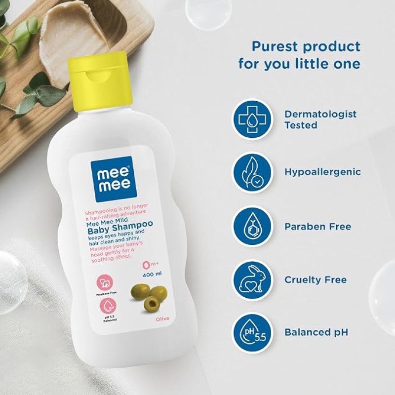 Mee Mee Gentle Baby Shampoo 400ml | For Daily Moisturizing Enriched with Olive Extracts | Tear-Free Formula Nourishes, Soothes, & Protects Sensitive Skin | Hypoallergenic, Sulfate and Paraben-Free | Skin Friendly PH Mee Mee Gentle Baby Shampoo 400ml | For Daily Moisturizing Enriched with Olive Extracts | Tear-Free Formula Nourishes, Soothes, & Protects Sensitive Skin | Hypoallergenic, Sulfate and Paraben-Free | Skin Friendly PH