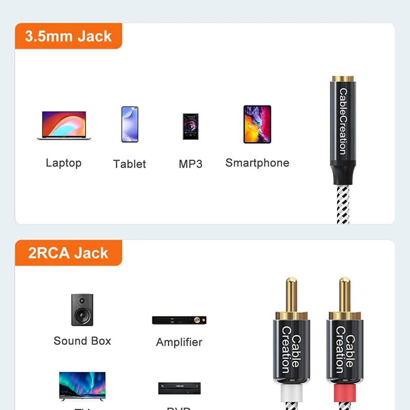 CableCreation 3.5mm to RCA Cable, 20CM 3.5mm Female to 2RCA Male Stereo Audio Cable Gold Plated for TV,Smartphones, MP3, Tablets, Speakers,Home Theater,0.75FT