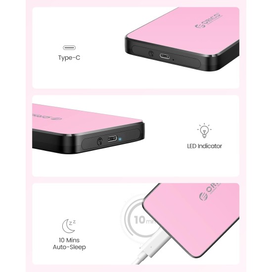 ORICO 2.5 Inch Hard Drive Enclosure USB C, 6Gbps USB 3.1 Gen 1 External SATA Drive Case for 2.5inch 9.5mm 7mm SSD HDD Up to 6TB, Tool Free, with 4 Colors to Choose, Support UASP (2588C3, Pink)