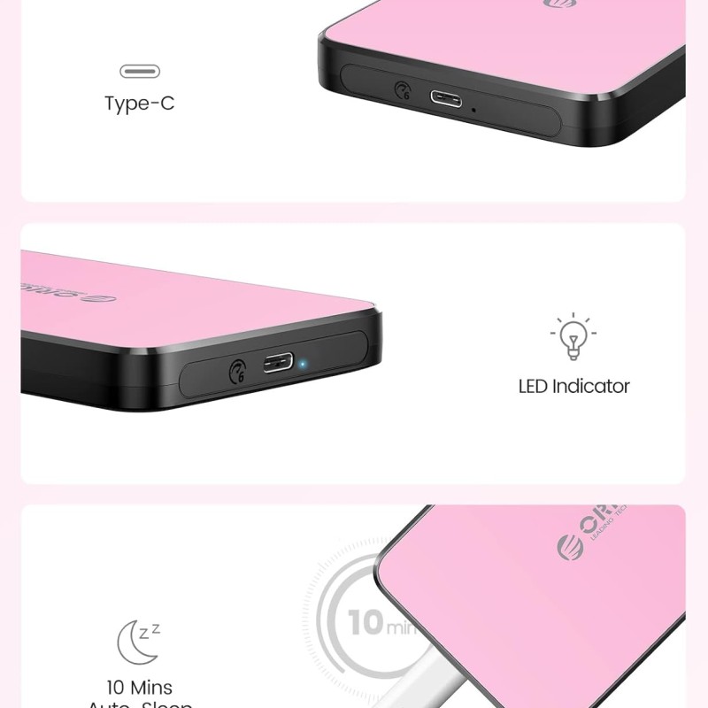 ORICO 2.5 Inch Hard Drive Enclosure USB C, 6Gbps USB 3.1 Gen 1 External SATA Drive Case for 2.5inch 9.5mm 7mm SSD HDD Up to 6TB, Tool Free, with 4 Colors to Choose, Support UASP (2588C3, Pink)
