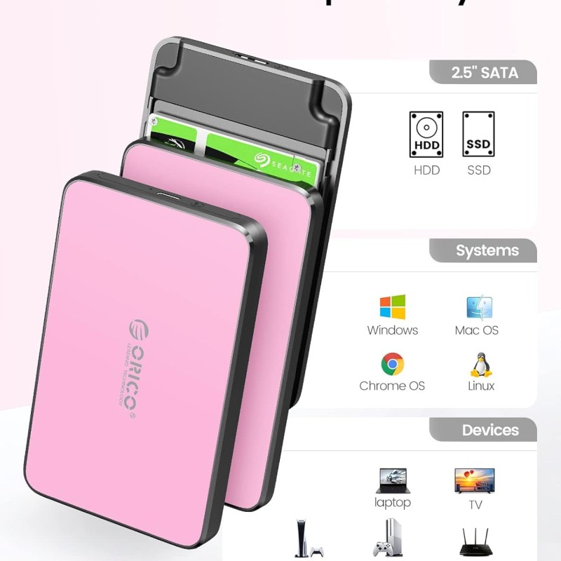ORICO 2.5 Inch Hard Drive Enclosure USB C, 6Gbps USB 3.1 Gen 1 External SATA Drive Case for 2.5inch 9.5mm 7mm SSD HDD Up to 6TB, Tool Free, with 4 Colors to Choose, Support UASP (2588C3, Pink)