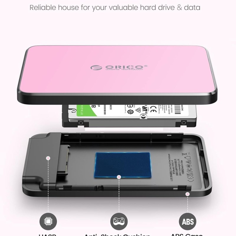 ORICO 2.5 Inch Hard Drive Enclosure USB C, 6Gbps USB 3.1 Gen 1 External SATA Drive Case for 2.5inch 9.5mm 7mm SSD HDD Up to 6TB, Tool Free, with 4 Colors to Choose, Support UASP (2588C3, Pink)