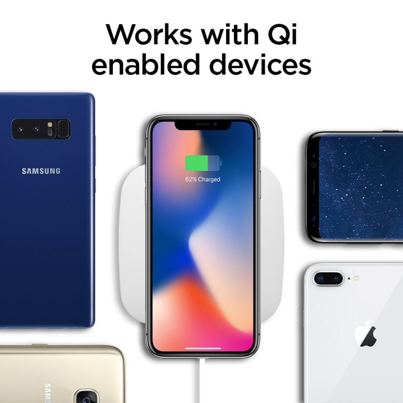 Spigen F301W, 10W Fast Wireless Charger Compatible For All Qi-Enabled Smartphones, Cellular Phones And More - White Spigen F301W, 10W Fast Wireless Charger Compatible For All Qi-Enabled Smartphones, Cellular Phones And More - White