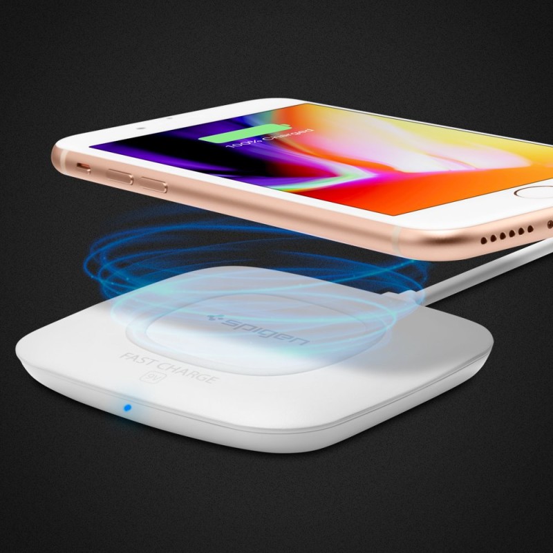 Spigen F301W, 10W Fast Wireless Charger Compatible For All Qi-Enabled Smartphones, Cellular Phones And More - White Spigen F301W, 10W Fast Wireless Charger Compatible For All Qi-Enabled Smartphones, Cellular Phones And More - White