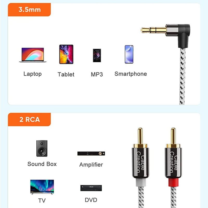 CableCreation 3.5mm to RCA Cable, 3 Feet Angle 3.5mm Male to 2RCA Male Auxiliary Stereo Audio Y Splitter Gold-Plated for Smartphones, MP3, Tablets, Speakers,Home Theater,HDTV,0.9M