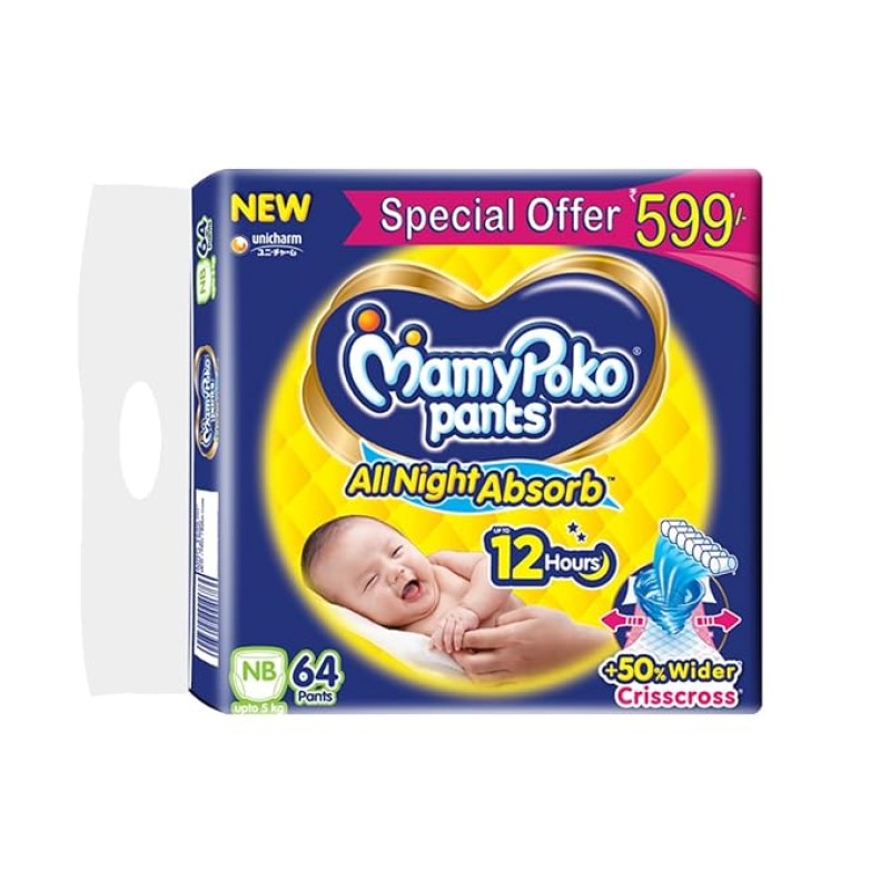 MamyPoko Pants All Night Absorb Baby Diapers, Newborn/X-Small (NB/XS), 64 Count, Upto 5kg, 1 Count