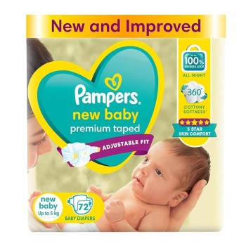 Pampers Active Baby Tape Style Baby Diapers, Newborn/Extra Small (NB/XS) Size, 72 Count, Adjustable Fit with 5 star skin protection, Up to 5kg Diapers