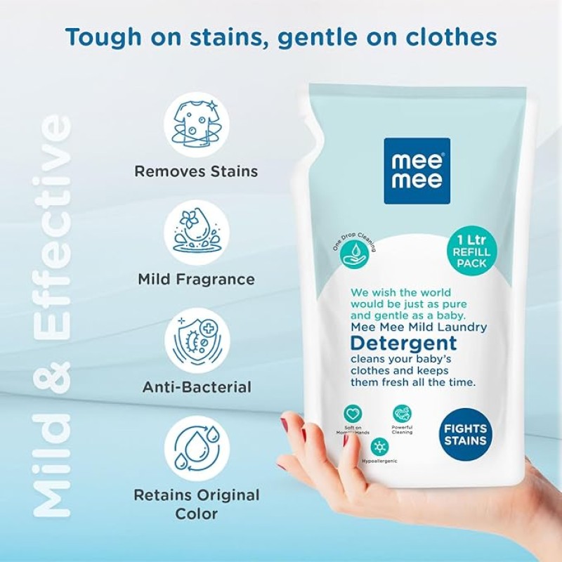 Mee Mee Baby Liquid Detergent 1 L | Ph balanced, Free from Harsh Chemicals, Safe for mother's hands & baby's skin | Anti-Bacterial, Removes Stains & Odor with One Drop, Hypoallergenic