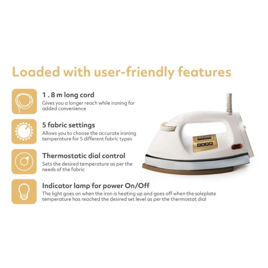 Usha EI 3710 Heavy Weight 1000-Watt Dry Iron with Golden American Heritage Soleplate, 1.75 Kg(White)