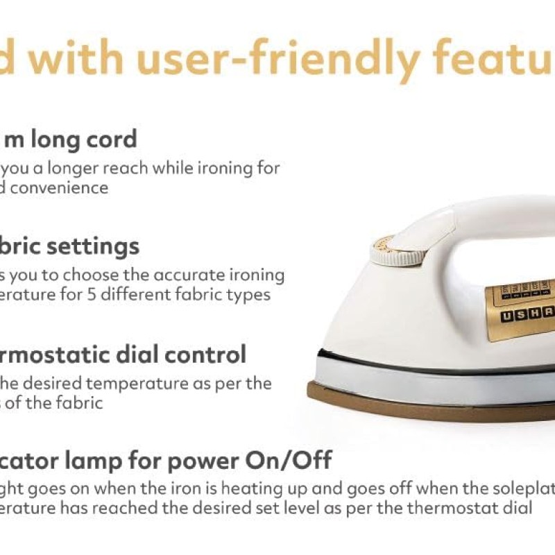 Usha EI 3710 Heavy Weight 1000-Watt Dry Iron with Golden American Heritage Soleplate, 1.75 Kg(White)